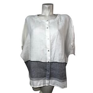 New Tahari Top Women's Size M Soft White Gray 100% Linen Button SS Blouse Shirt